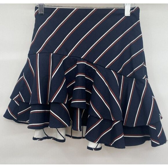 Express Navy Tiered‎ Ruffle Skirt Stripes Size 0 Mini Skirt Schoolgirl Waist 26” - Picture 1 of 6